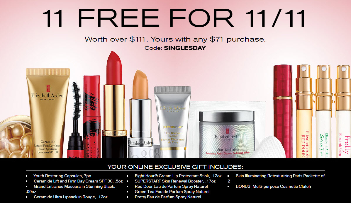 Receive a free 11-piece bonus gift with your $71 Elizabeth Arden purchase
