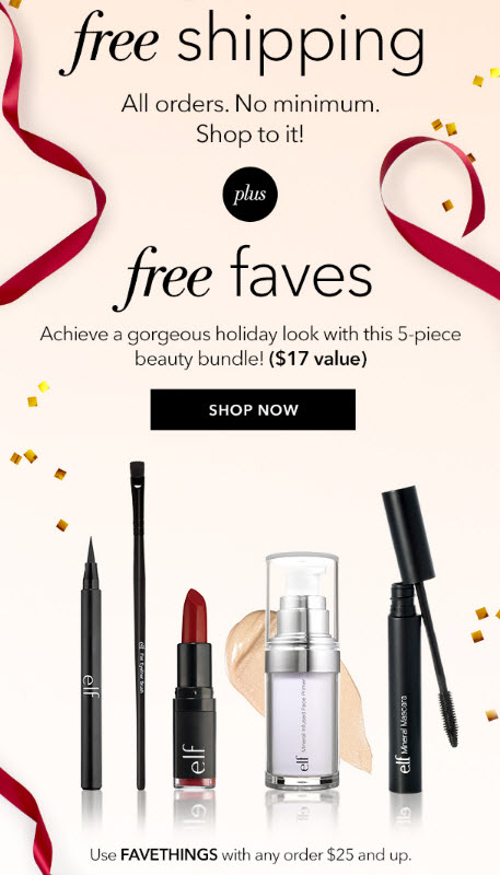 Receive a free 5-piece bonus gift with your $25 e.l.f. purchase