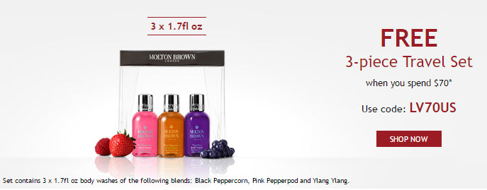 Receive a free 3-piece bonus gift with your $70 Molton Brown purchase