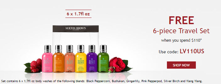 Receive a free 6-piece bonus gift with your $110 Molton Brown purchase