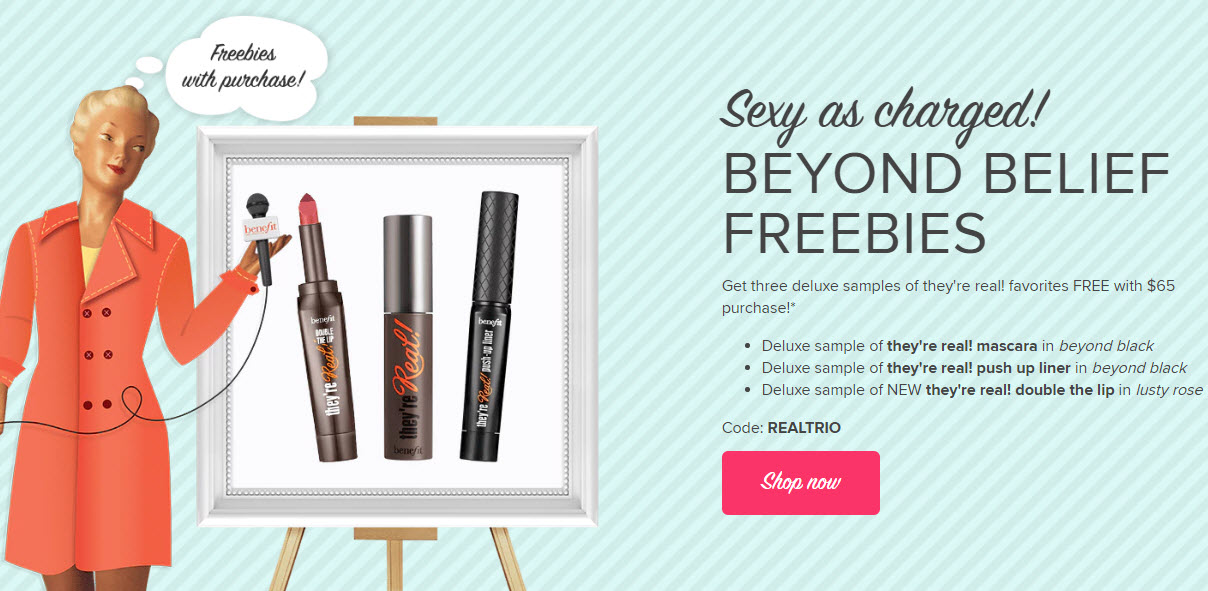 Receive a free 3-piece bonus gift with your $65 Benefit Cosmetics purchase