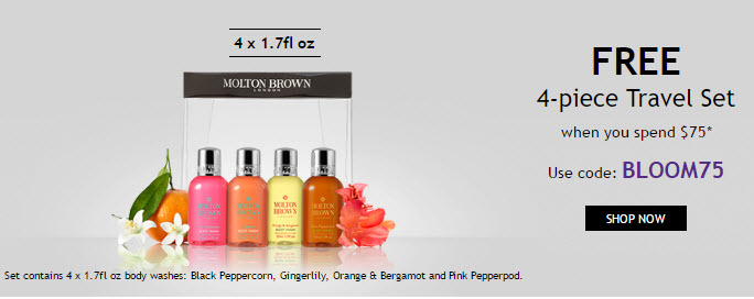 Receive a free 4-piece bonus gift with your $75 Molton Brown purchase