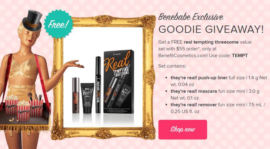 Receive a free 3-piece bonus gift with your $55 Benefit Cosmetics purchase