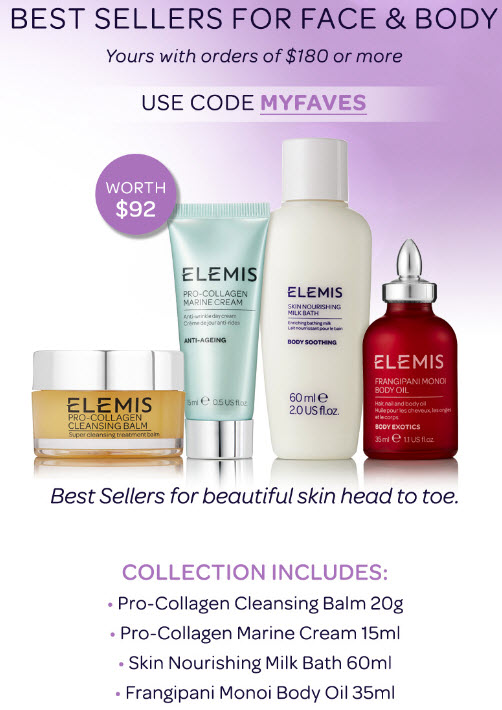 Receive a free 4- piece bonus gift with your $180 Elemis purchase