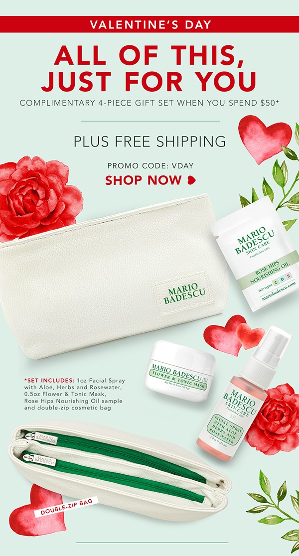 Receive a free 4- piece bonus gift with your $50 Mario Badescu purchase