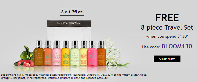 Receive a free 8-piece bonus gift with your $130 Molton Brown purchase