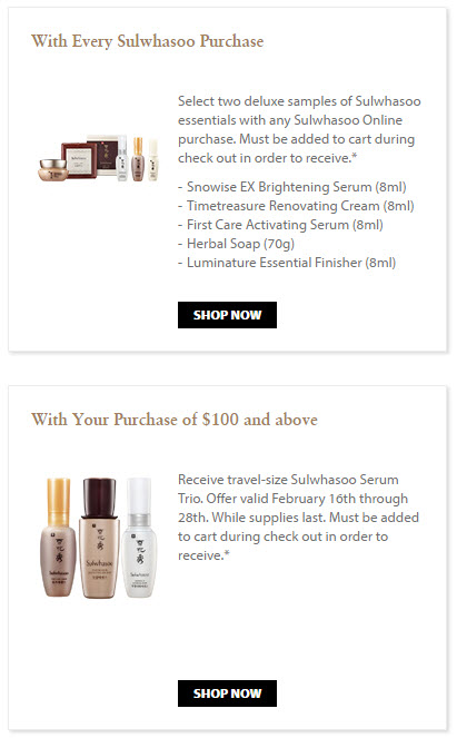 Receive your choice of 5-piece bonus gift with your $100 Sulwhasoo purchase