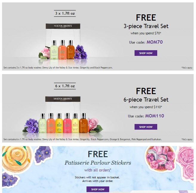 Receive a free 6-piece bonus gift with your $110 Molton Brown purchase