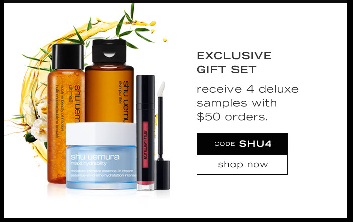 Receive a free 4-piece bonus gift with your $50 Shu Uemura purchase