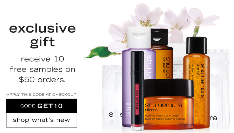 Receive a free 10- piece bonus gift with your $50 Shu Uemura purchase