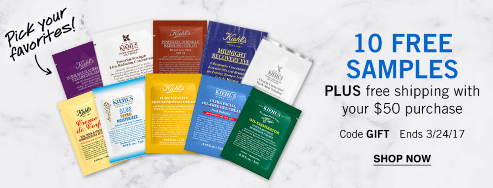 Receive your choice of 10-piece bonus gift with your $50 Kiehl's purchase