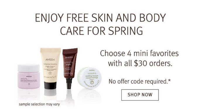 Receive your choice of 4-piece bonus gift with your $30 Aveda purchase