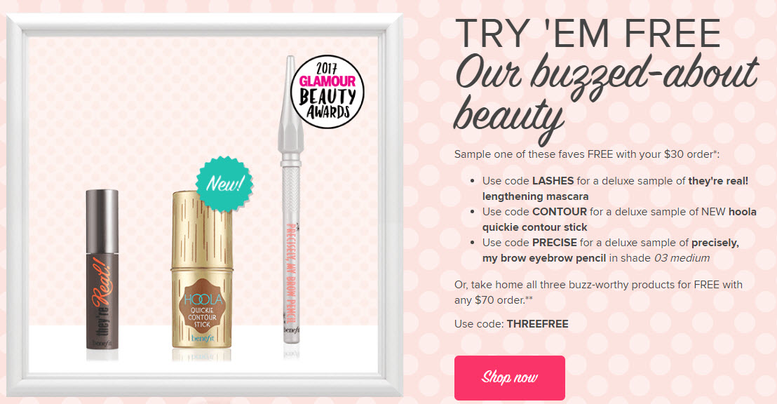 Receive a free 3-piece bonus gift with your $70 Benefit Cosmetics purchase