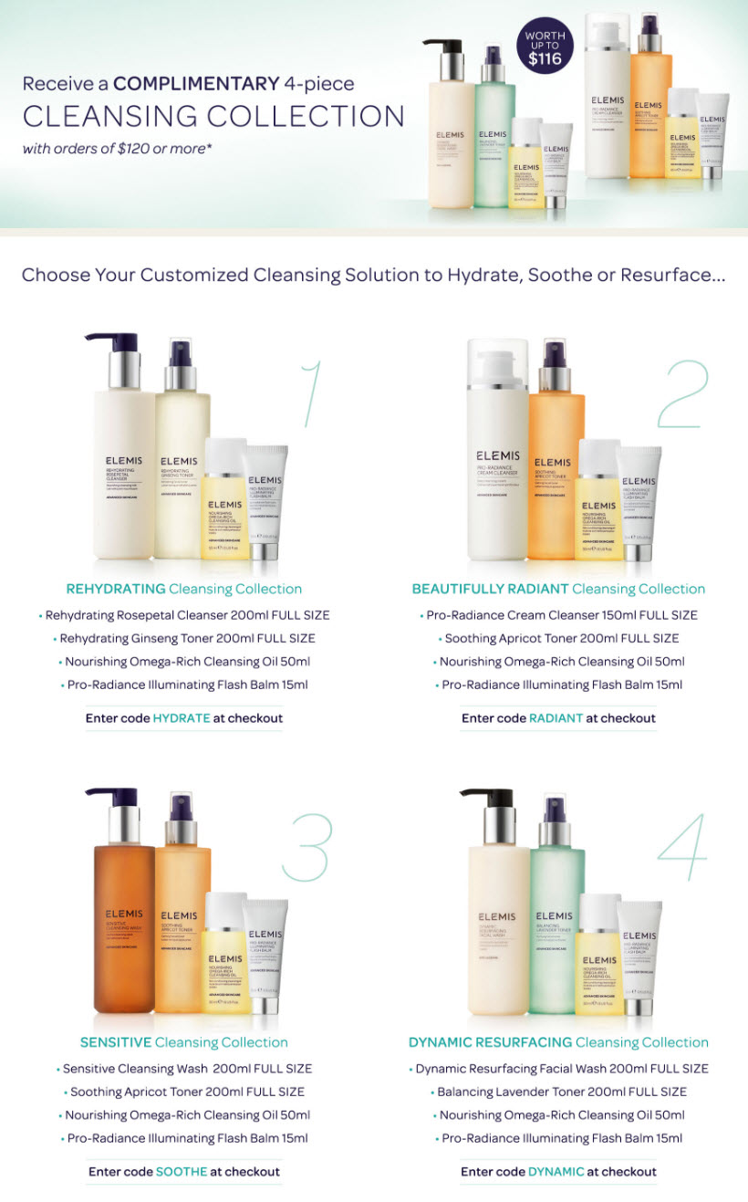 Receive your choice of 4-piece bonus gift with your $120 Elemis purchase