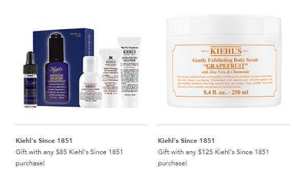 Receive a free 4-piece bonus gift with your $85 Kiehl's purchase