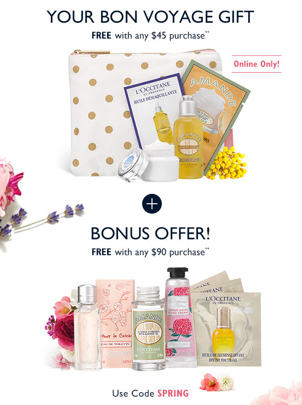Receive a free 5- piece bonus gift with your $45 L'Occitane purchase