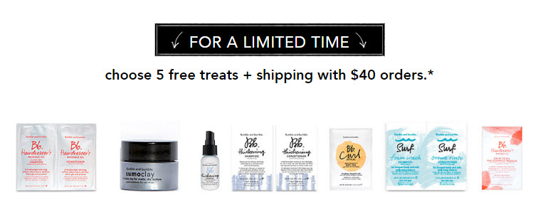 Receive your choice of 5-piece bonus gift with your $40 Bumble and bumble purchase