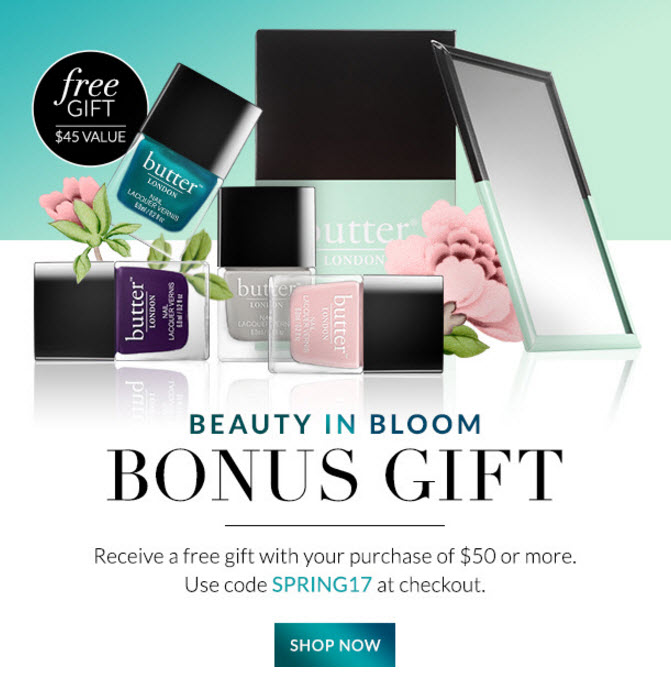 Receive a free 5-piece bonus gift with your $50 Butter London purchase