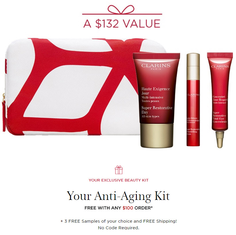 Receive a free 4-piece bonus gift with your $100 Clarins purchase