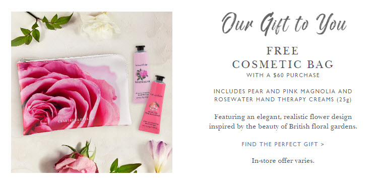 Receive a free 3-piece bonus gift with your $60 Crabtree & Evelyn purchase