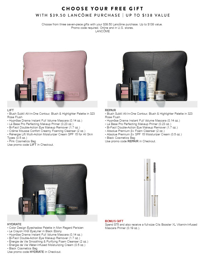 Receive your choice of 8-piece bonus gift with your $75 Lancôme purchase