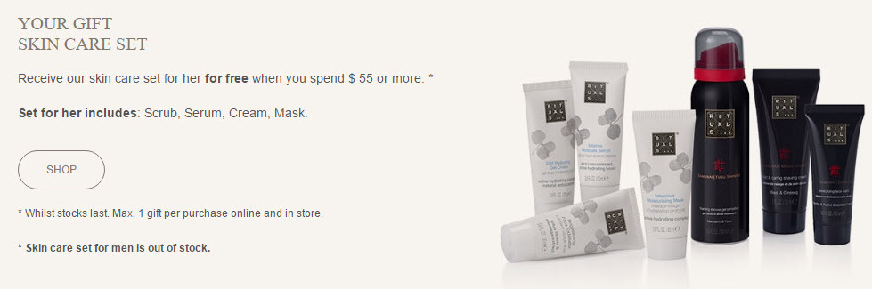 Receive a free 4-piece bonus gift with your $55 Rituals purchase