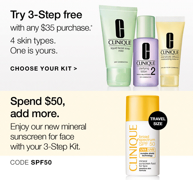 Receive your choice of 3-piece bonus gift with your $35 Clinique purchase