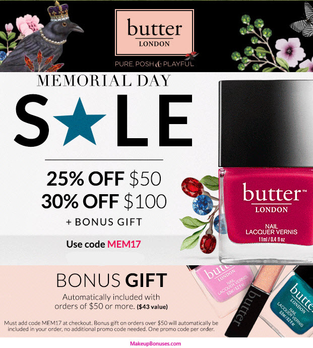 Receive a free 3-piece bonus gift with your $50 Butter London purchase