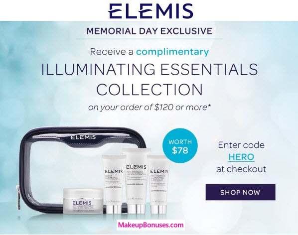Receive a free 5-piece bonus gift with your $120 Elemis purchase