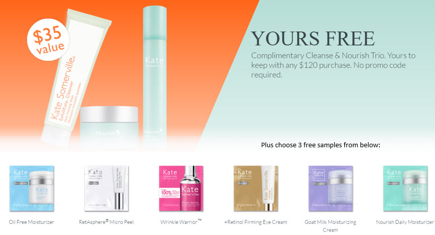Receive a free 3-piece bonus gift with your $120 Kate Somerville purchase