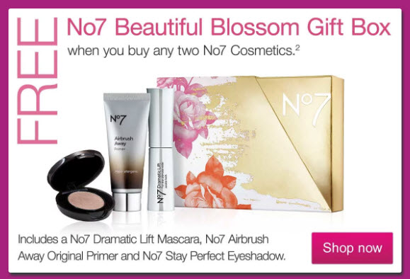 Receive a free 3-piece bonus gift with your 2 No7 Cosmetic Items purchase