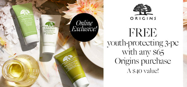 Receive a free 3-piece bonus gift with your $65 Origins purchase