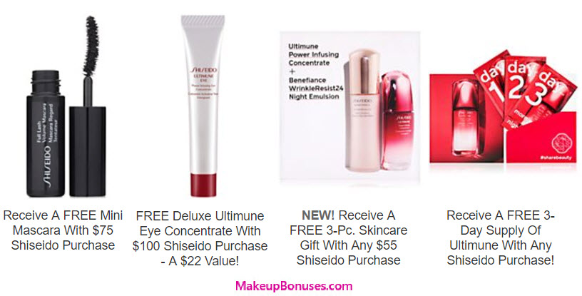 Receive a free 6-piece bonus gift with your $55 Shiseido purchase