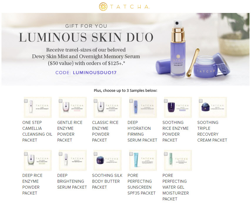 Receive your choice of 5-piece bonus gift with your $125 Tatcha purchase