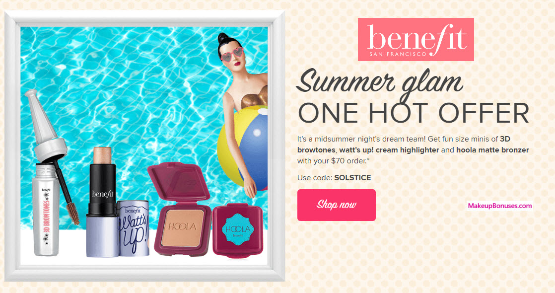 Receive a free 3-pc gift with your $70 Benefit Cosmetics purchase