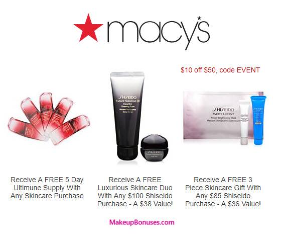 Receive a free 5-pc gift with your $100 Shiseido purchase