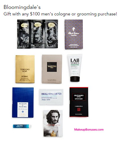 Receive a free 12-piece bonus gift with your $100 Men's Cologne or Grooming purchase