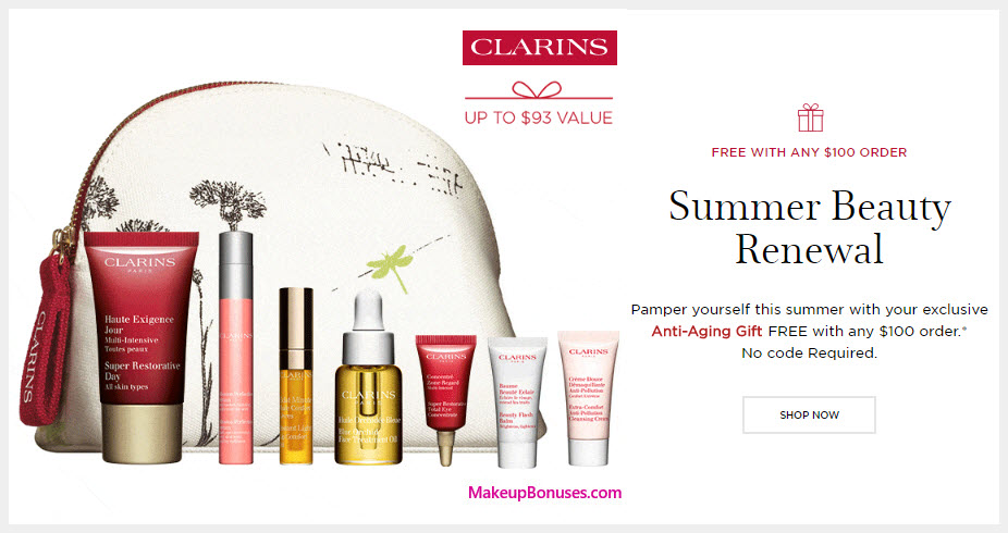 Receive a free 8-piece bonus gift with your $100 Clarins purchase