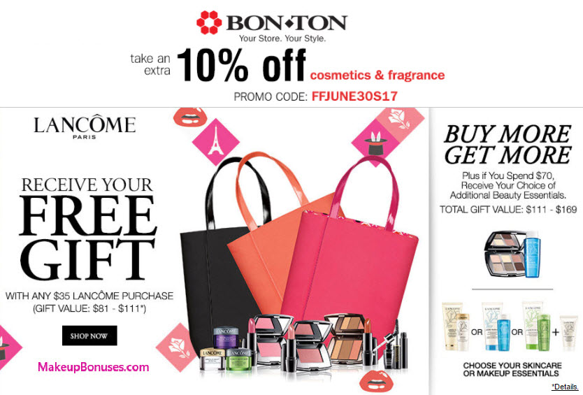 Receive your choice of 6-piece bonus gift with your $35 Lancôme purchase