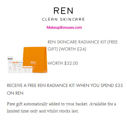 Receive a free 5-piece bonus gift with your ~$45 (35 GBP) on REN Skincare purchase