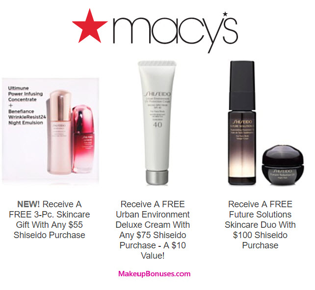 Receive a free 6-piece bonus gift with your $100 Shiseido purchase