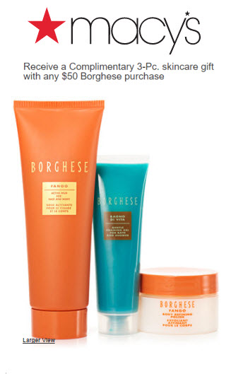 Receive a free 3-pc gift with your $50 Borghese purchase
