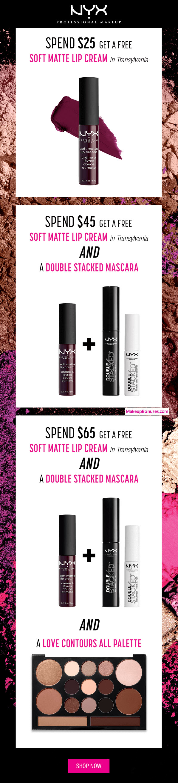 Receive a free 4-pc gift with your $65 NYX Cosmetics purchase