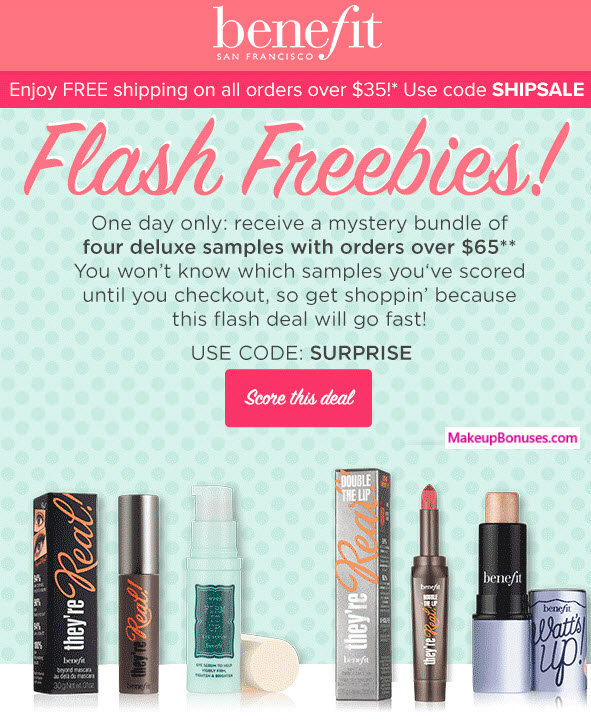 Receive a free 4-pc gift with your $65 Benefit Cosmetics purchase