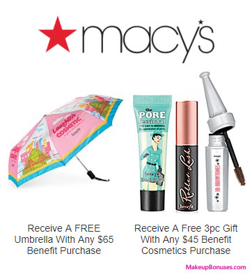 Receive a free 3-pc gift with your $45 Benefit Cosmetics purchase