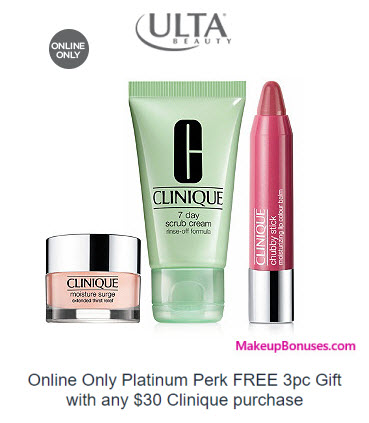 Receive a free 3-pc gift with your Plantinum Member $30 Clinique purchase