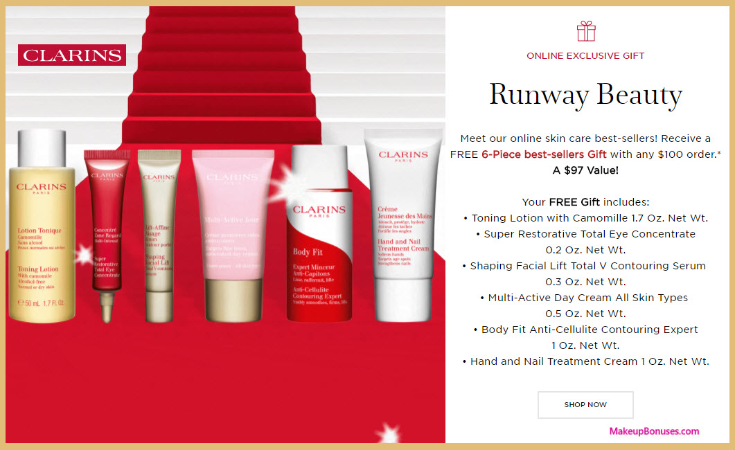 Receive a free 6-pc gift with your $100 Clarins purchase