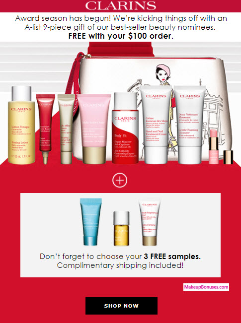 Receive a free 9-pc gift with your $100 Clarins purchase
