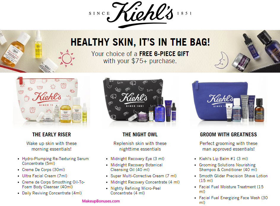 Receive your choice of 6-pc gift with your $75 Kiehl's purchase