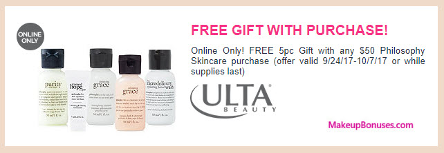 Receive a free 5-pc gift with your $50 Philosophy purchase